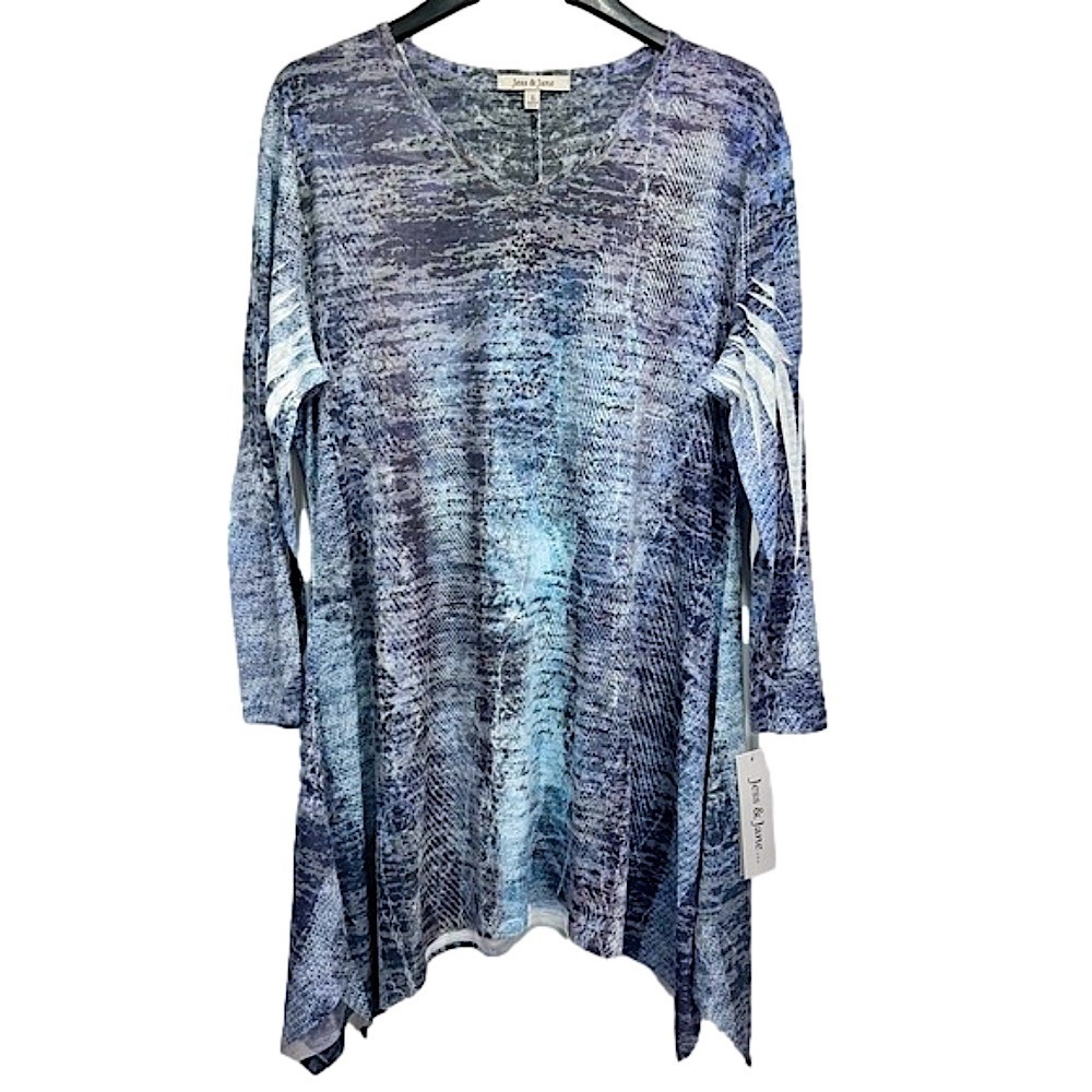 Jess & Jane Denim Effect Blue Rhinestone Asymmetric Hem Tunic Size Large